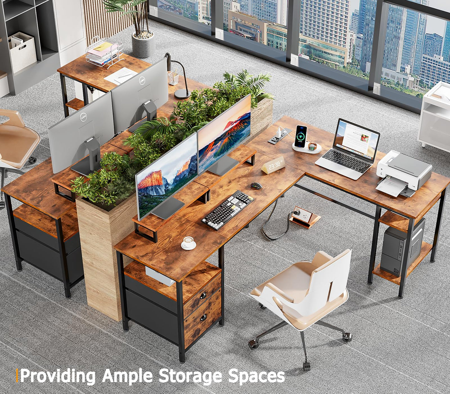 FUROLOGEE 66” L Shaped Desk with Power Outlet & Storage Shelves