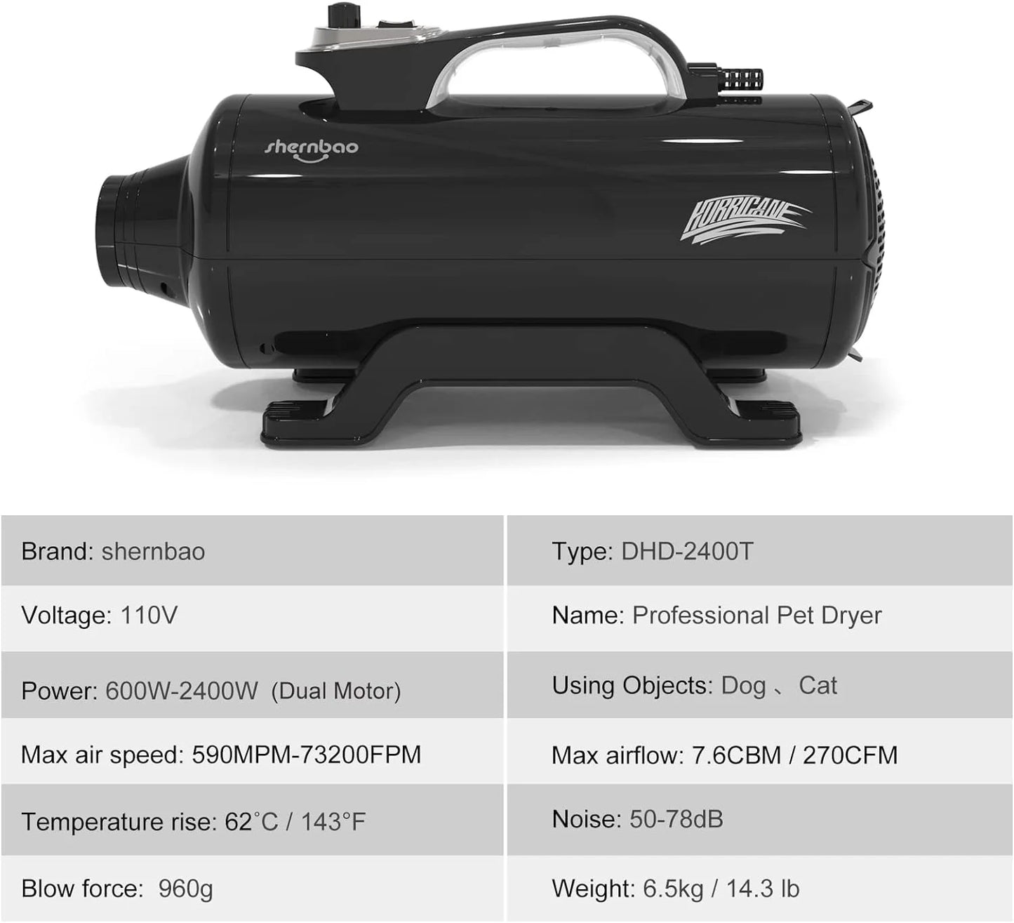 Dog Dryer High Velocity Professional Dog Pet Grooming Hair Drying Force Dryer Blower 6.0HP (DHD-2400T) (6.0HP, Jet Black)