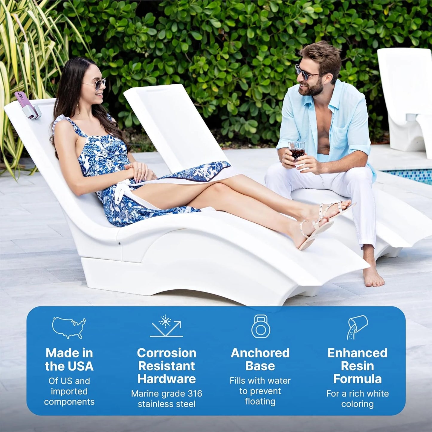 Pool Lounger, Fade-Resistant, Waterproof Patio Furniture, Pool Lounge Chair for Sun Shelf, Use in Pools with Shelves Up to 9-Inches Deep or Outside Pool Deck, Weighted, White