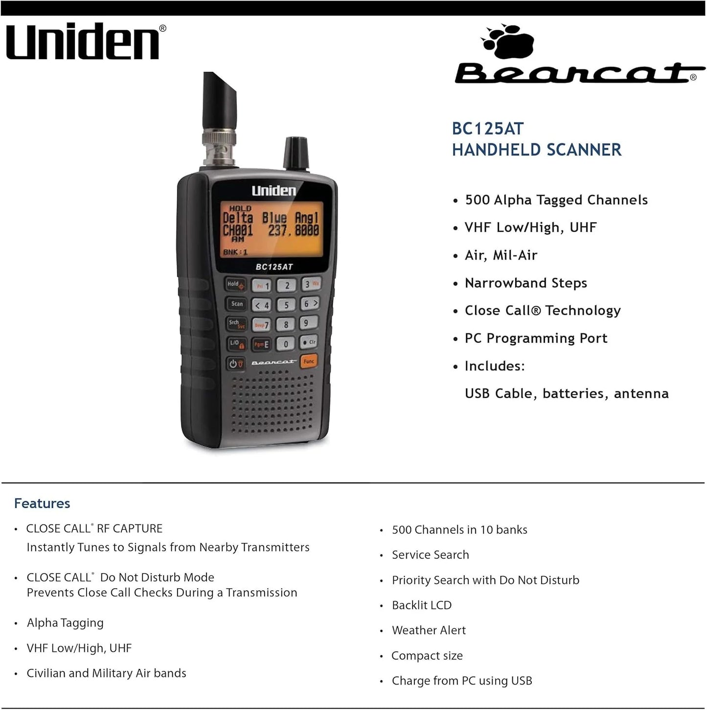 Uniden BC125AT Bearcat Handheld Scanner, 500 Channels, Close Call Technology, Aviation/Marine/Railroad/NASCAR, Non-Digital Public Safety