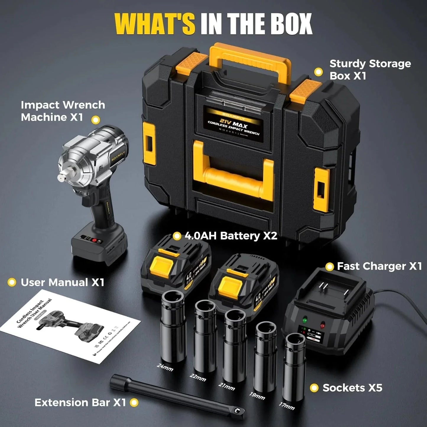 Cordless Impact Wrench, 1200Nm(900ft-lbs) High Torque 1/2'' Impact Wrench, 21V Brushless Electric Impact Gun with 2Pcs 4.0Ah Batteries, 1 Hour Fast Charger, 5 Sockets, Power Impact Driver for Car Home