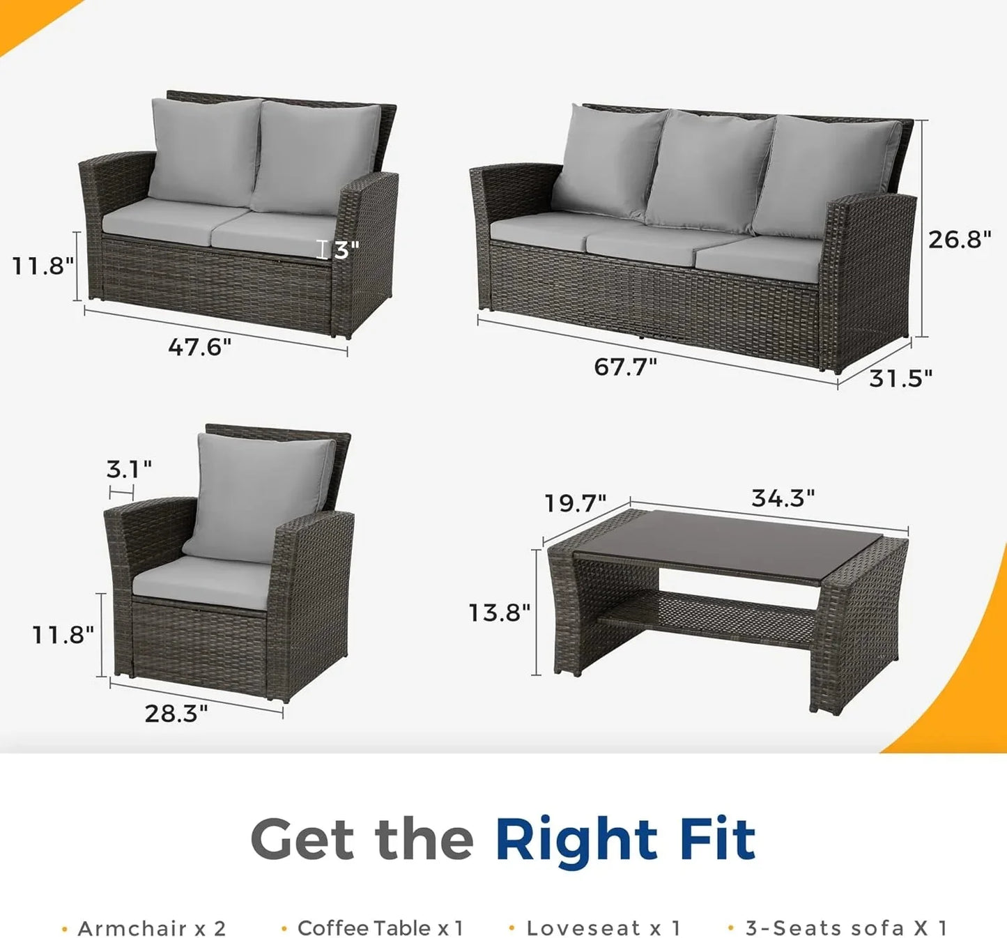 Wisteria Lane 4 Piece Outdoor Patio Furniture Sets, Wicker Conversation Set for Porch Deck, Grey Rattan Sofa Chair with Cushion Blue