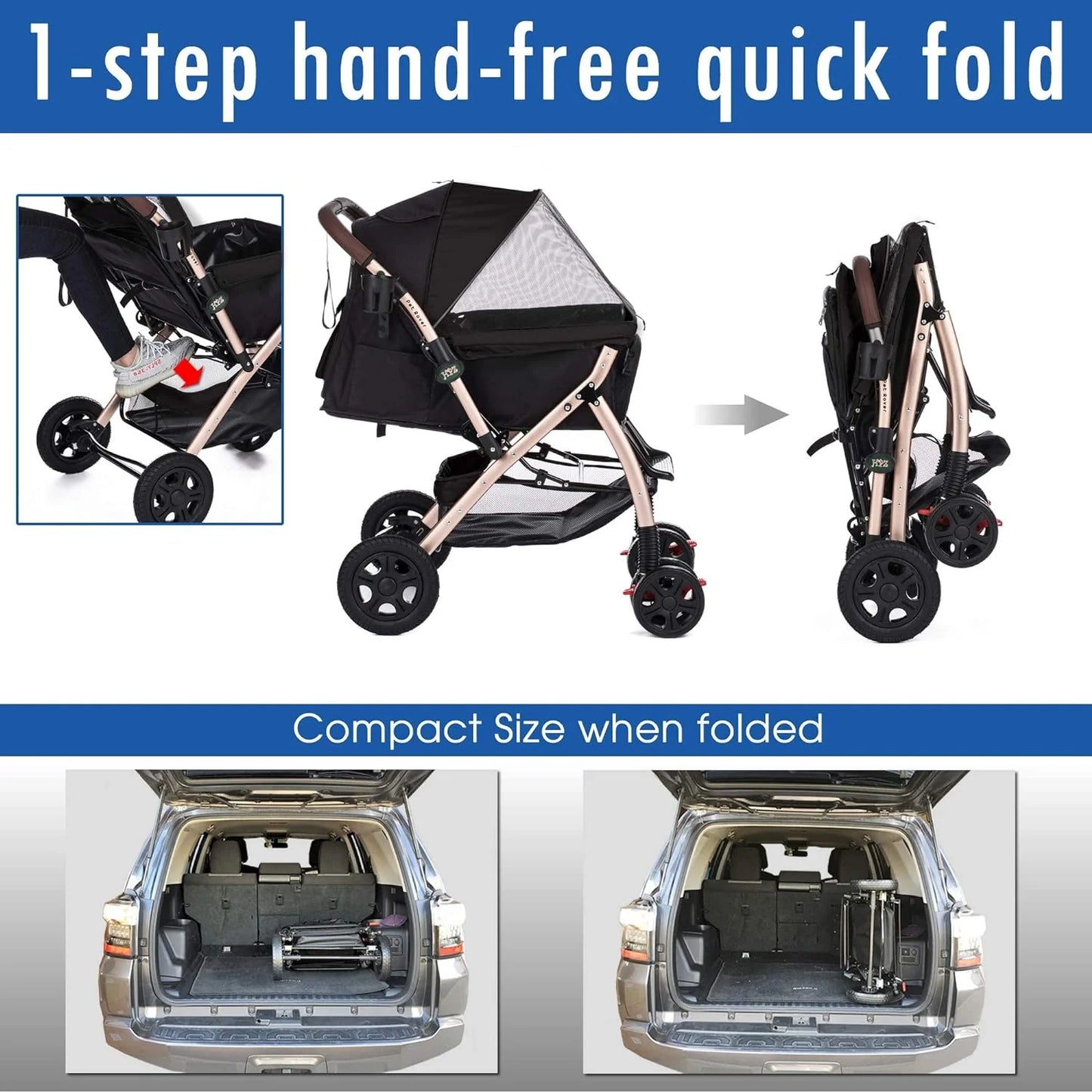 Pet Rover Premium Heavy Duty DogCat Stroller Travel Carriage CompartmentZipperless EntryPump-Free Rubber Tires Small, Medium, Large Pets (Black 2nd-Gen.), X-Large (Pack of 1)