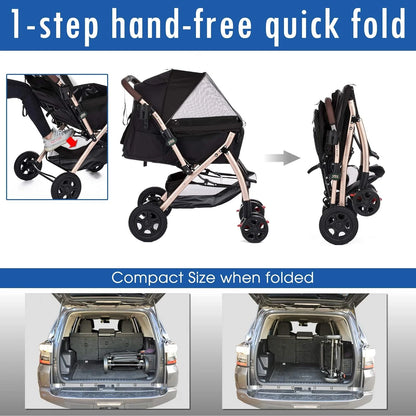 Pet Rover Premium Heavy Duty DogCat Stroller Travel Carriage CompartmentZipperless EntryPump-Free Rubber Tires Small, Medium, Large Pets (Black 2nd-Gen.), X-Large (Pack of 1)