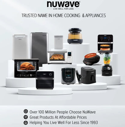 Nuwave Brio 8 Qt Air Fryer, Powerful 1800W, Easy to Read Cool White Display, 50° 400°F Temp Controls, 100 Pre Programmed Presets & 50 Memory Slots, Integrated Smart Thermometer, Linear T Technology