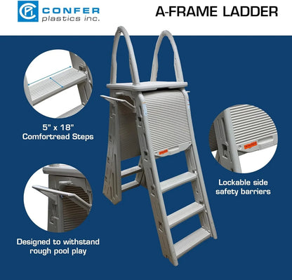 Confer Plastics 7200 Roll Guard 48" to 56" Adjustable A Frame Safety Ladder for Above Ground Outdoor Patio Swimming Pool Platform Ladder with Step Barrier, Warm Grey…