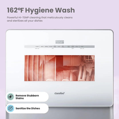 COMFEE' Portable Dishwasher Countertop with 5L Built-in Water Tank, No Hookup Needed, 6 Programs, 360° Dual Spray, 192℉ High-Temp& Air-Dry Function, Mini Dishwasher for RVs, White