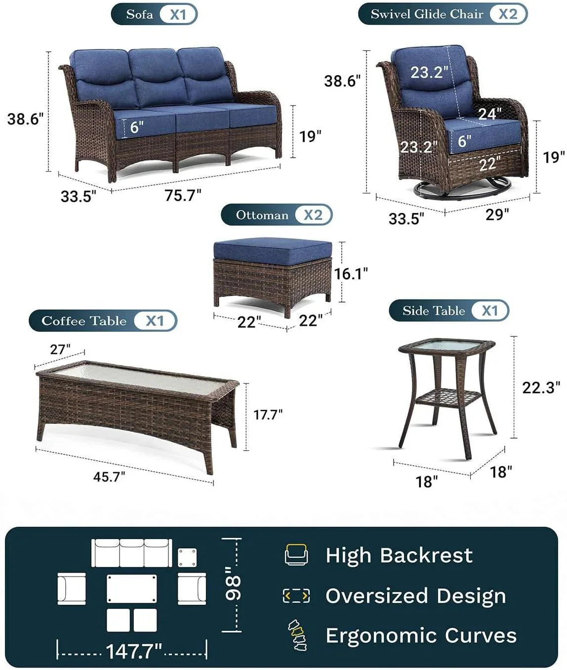 Outdoor Swivel Rocker Patio Chairs with 6-Inch Thick Cushions and Side Table, 3PCS High Back Wicker Patio Furniture Set for Porch, Balcony, Deck and Yard in Blue