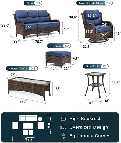 Outdoor Swivel Rocker Patio Chairs with 6-Inch Thick Cushions and Side Table, 3PCS High Back Wicker Patio Furniture Set for Porch, Balcony, Deck and Yard in Blue
