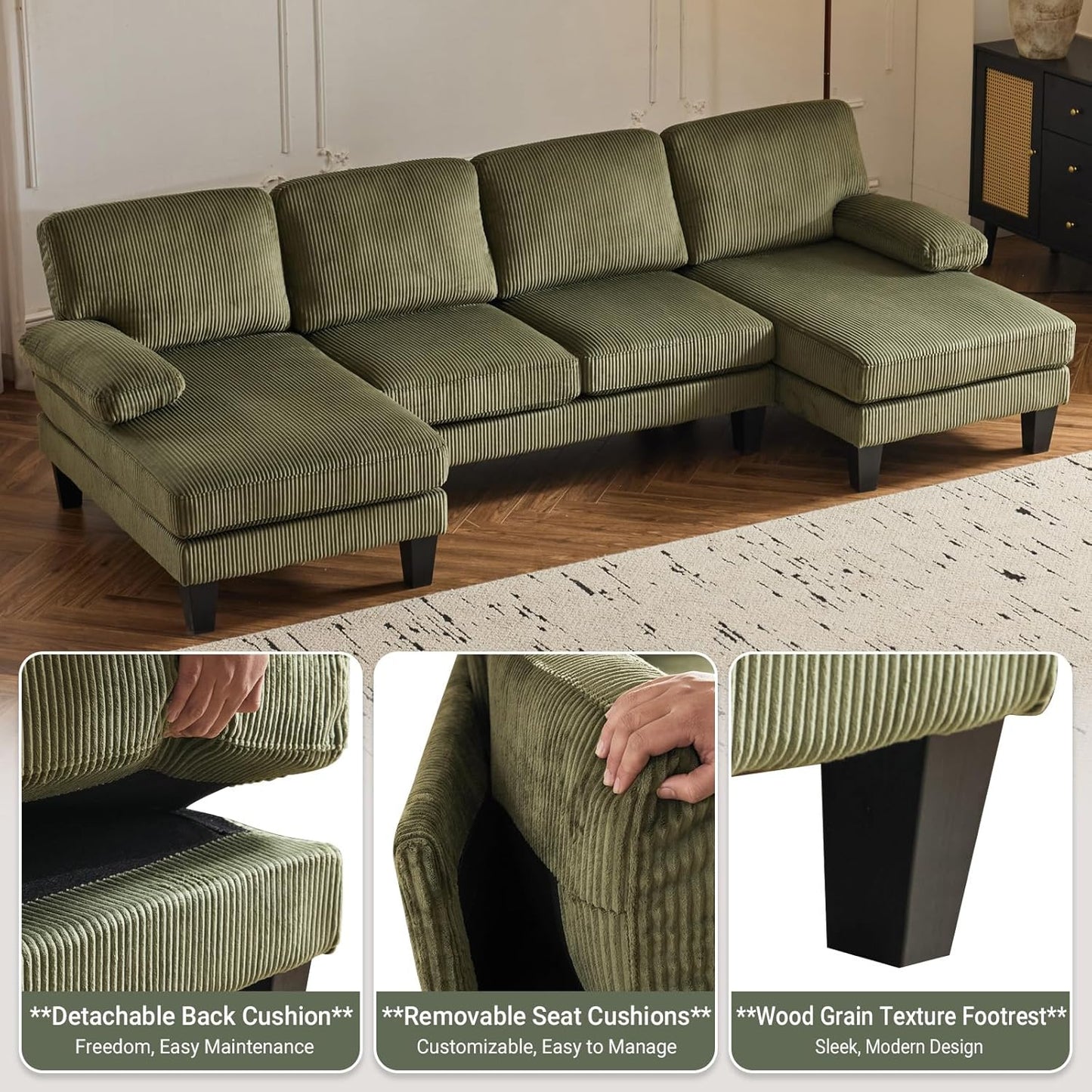 VINGLI 110" Sectional Couches for Living Room,U Shaped Couch with Double Chaise, 4-Seat Sofa Set with Chenille Fabric for Home Furniture,Beige