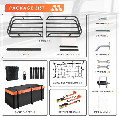 Folding hitch mounted cargo basket 60" With hook stabilizer, net and straps
