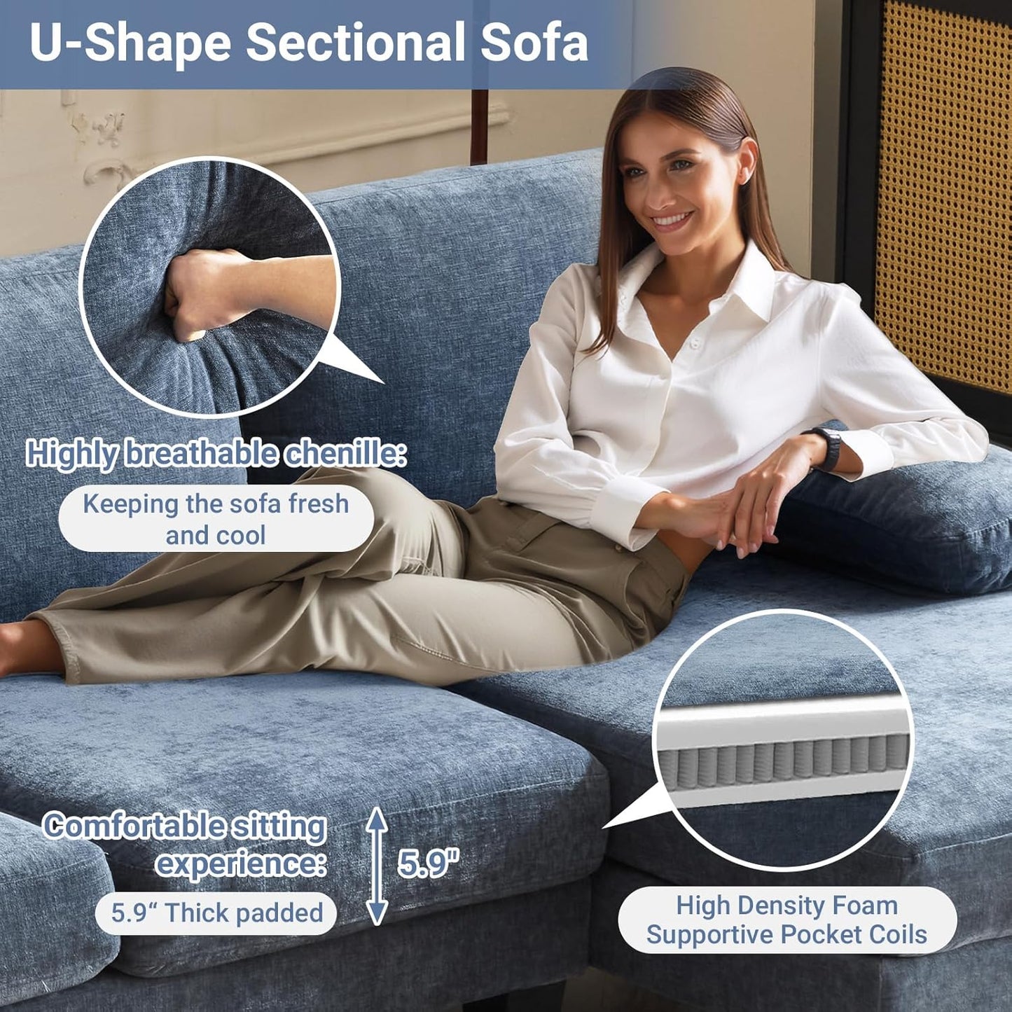 VINGLI 110" Sectional Couches for Living Room,U Shaped Couch with Double Chaise, 4-Seat Sofa Set with Chenille Fabric for Home Furniture,Beige
