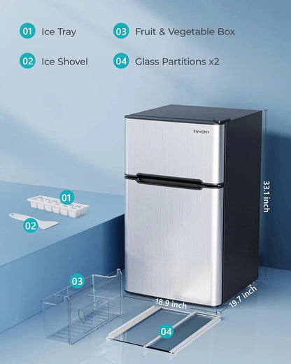 EUHOMY 3.2 Cu.Ft Mini Fridge with Freezer – 2-Door Compact Refrigerator for Bedroom, Dorm, Office or Apartment, Silver
