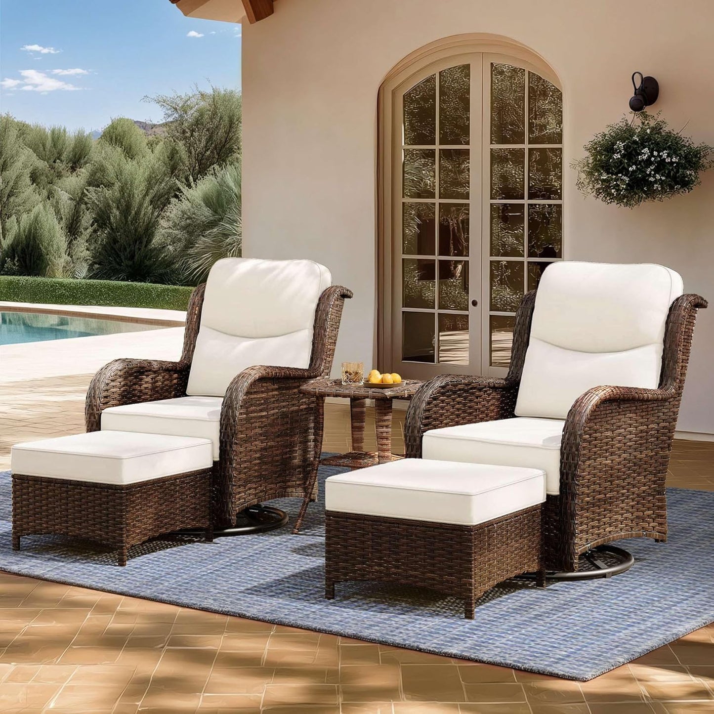 Outdoor Swivel Rocker Patio Chairs with 6-Inch Thick Cushions and Side Table, 3PCS High Back Wicker Patio Furniture Set for Porch, Balcony, Deck and Yard in Blue