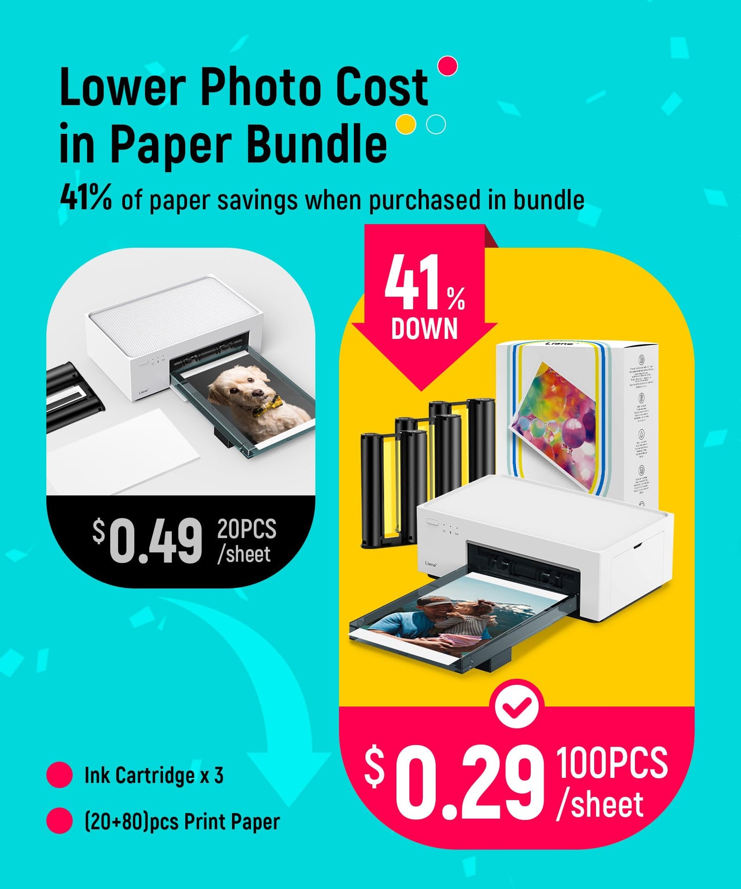 LIENE M100 4x6'' Photo Printer with 100 Sheets & Cartridges
