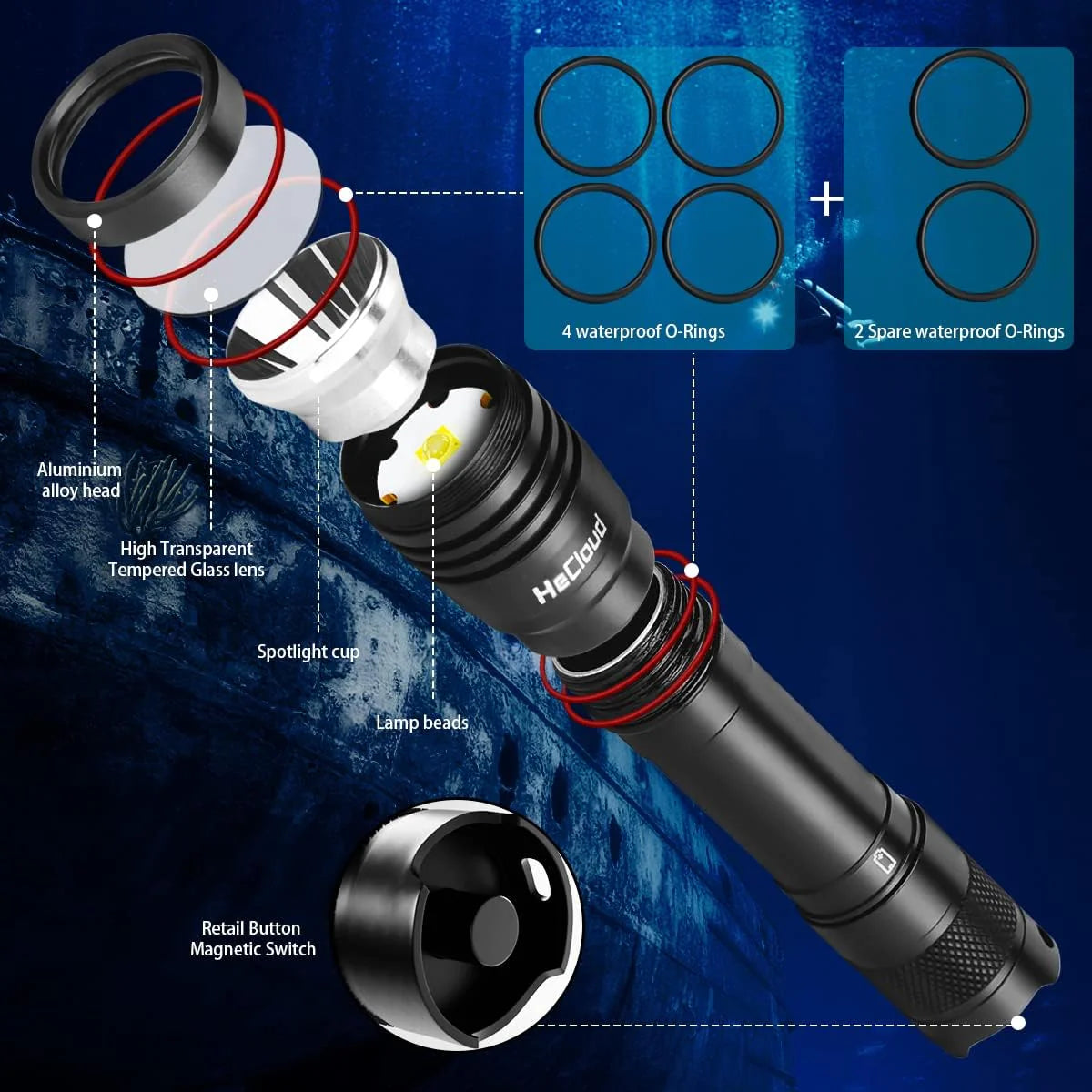 Scuba Diving Flashlight with Rechargeable Dive Light Scuba Diving 5500LM Underwater Flashlight 328ft IPX8 Waterproof 4 Modes Scuba Dive Light with Charger for Submarine Deep Sea Snorkeling