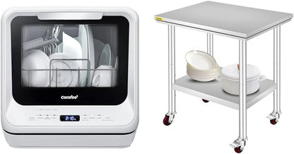 COMFEE' Portable Dishwasher Countertop with 5L Built-in Water Tank, No Hookup Needed, 6 Programs, 360° Dual Spray, 192℉ High-Temp& Air-Dry Function, Mini Dishwasher for RVs, White