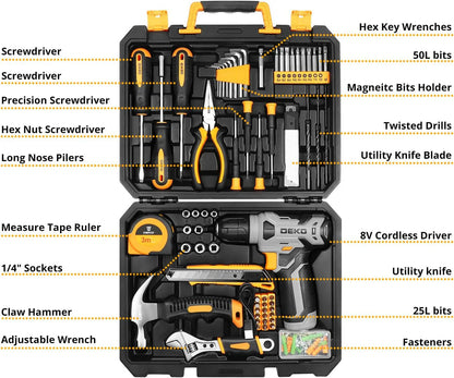 Tool SetTool Kit with 8V Cordless Drill,Tool Box with Drill,Hand Drill Set for Men & Women,Home Tool Kits for House Repair,Handyman,DIY 126 Piece