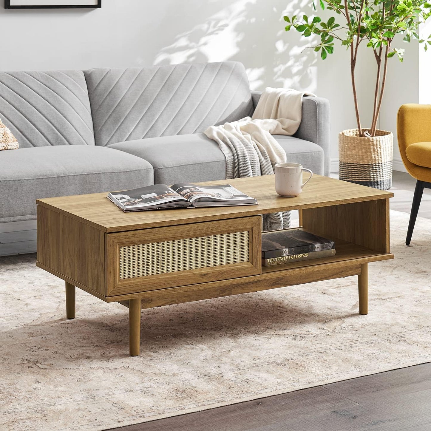 Mopio Ensley Mid Century Modern Rectangle Coffee Table with Dual Storage Shelf, Wood Slat Sliding Door, & Rounded Edge Protection for Living Room, Walnut Grain