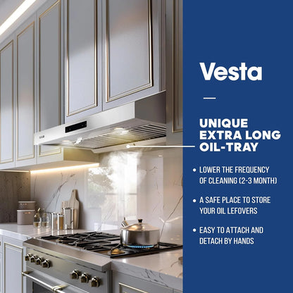 Powerful 30 Inch Under Cabinet Range Hood With Seamless Stainless Steel Body, Twin Turbo Motors, 3 Speed Touch Screen, Round Vent, Baffle Filters, LED Lights, Oil Collector