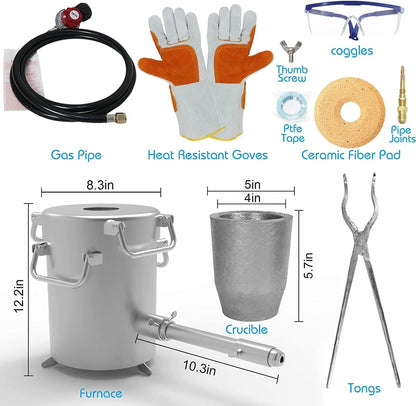 Propane Melting Furnace Kits, 6kg(13LB) Graphite Crucible, Up to 2372 F, Made of Steel Barrel, Smelt Metal,with Goggles and High Temperature Gloves