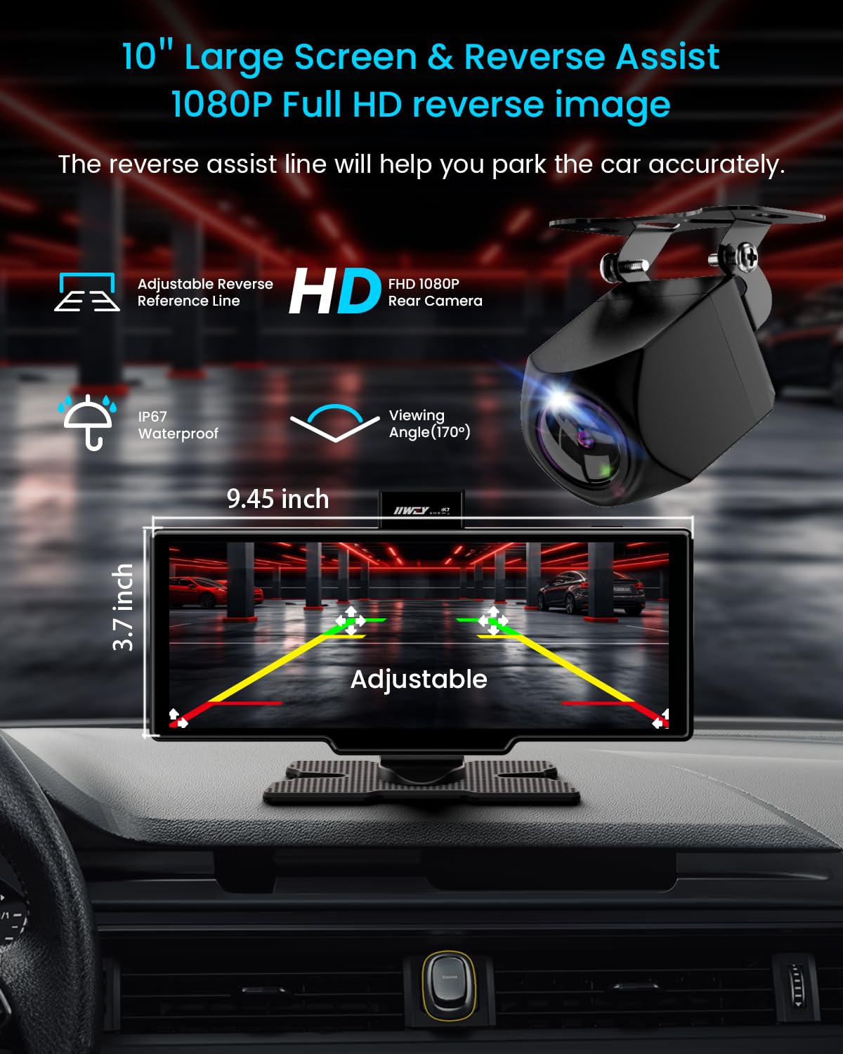 IIWEY Portable Apple Carplay Screen 10'' Car Stereo 4K Dash Cam