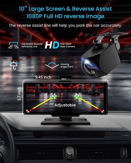 IIWEY Portable Apple Carplay Screen 10'' Car Stereo 4K Dash Cam