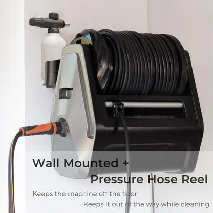 Pressure Washer, Electric Wall Mounted Power Washer with 100FT Retractable Hose, Soap Tank and 4-Nozzle Set, Dark Silver