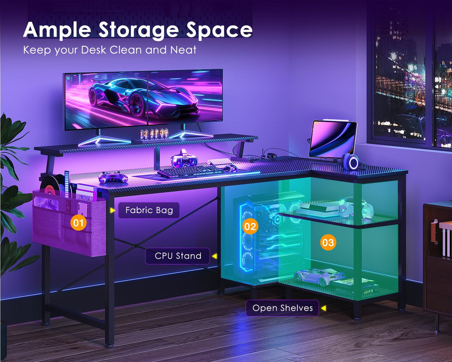 ODK 48 Inch Gaming Desk with USB Ports & LED Lights