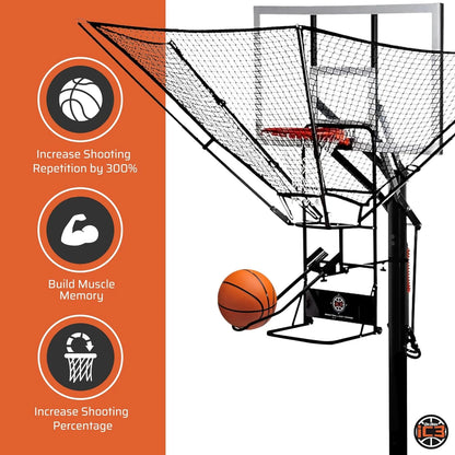 Rebounder Net Return System Portable Shot Trainer for Traditional Pole and Wall Mounted Hoops with Rotating Return Chute