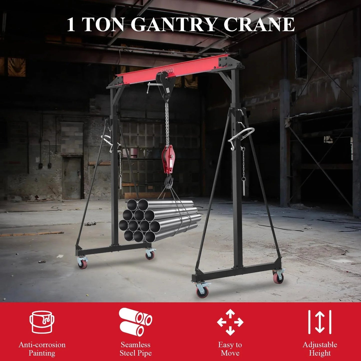 Garvee 1 Ton Adjustable Gantry Crane, 2200 lbs Capacity, Height Adjustable 96.5"-143.7", Portable Hoist for Factory, Construction, Warehouse, Auto Repair