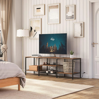 TV Stand with Power Outlets to 75 Inches, TV Console Table with Open Storage Shelves Cabinet, Industrial Media Entertainment Center for Living Room Bedroom, Rustic Brown and Black BF60DS01
