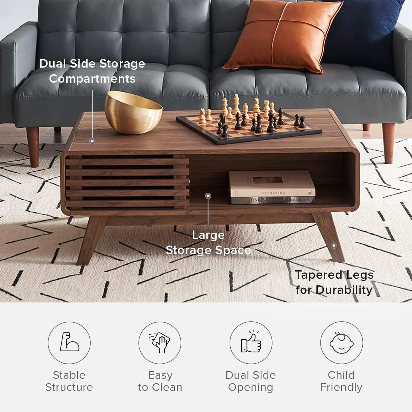 Mopio Ensley Mid Century Modern Rectangle Coffee Table with Dual Storage Shelf, Wood Slat Sliding Door, & Rounded Edge Protection for Living Room, Walnut Grain