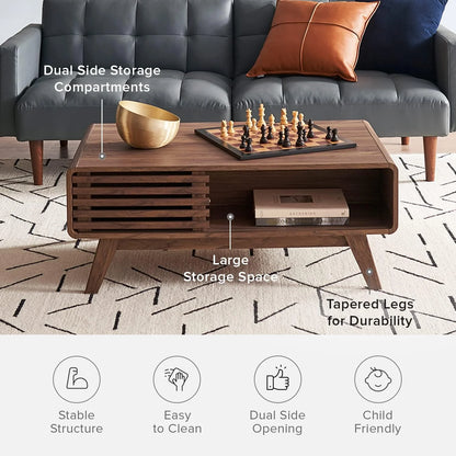 Mopio Ensley Mid Century Modern Rectangle Coffee Table with Dual Storage Shelf, Wood Slat Sliding Door, & Rounded Edge Protection for Living Room, Walnut Grain
