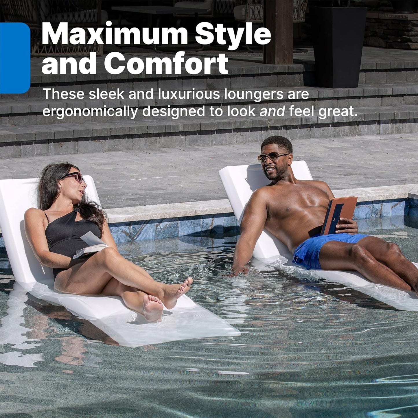 Pool Lounger, Fade-Resistant, Waterproof Patio Furniture, Pool Lounge Chair for Sun Shelf, Use in Pools with Shelves Up to 9-Inches Deep or Outside Pool Deck, Weighted, White