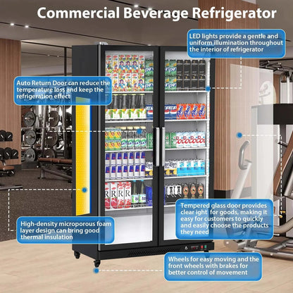 Commercial Refrigerator, Glass Door with LED Lighting – Upright Beverage Display Cooler for Home, Store, Gym, or Office, Featuring Double Swing Doors and 39 cu.ft