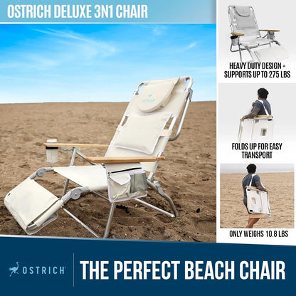 Deluxe 3 in 1 Beach Chair with Face Opening - Portable, Reclining Lounger for Tanning - Face Hole for Reading on Stomach - Padded Footrest, Removable Pillow - Aluminum
