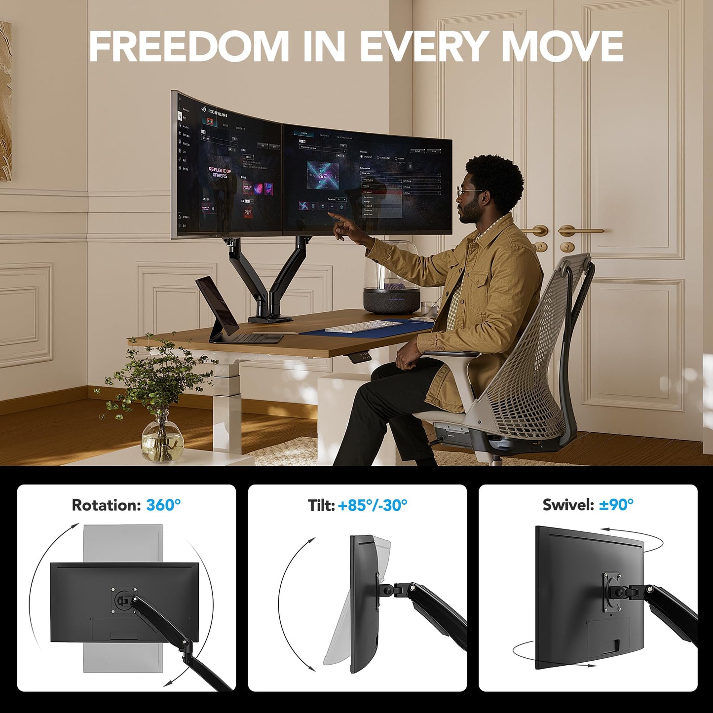 HUANUO Dual Monitor Stand with USB, Height Adjustable, VESA