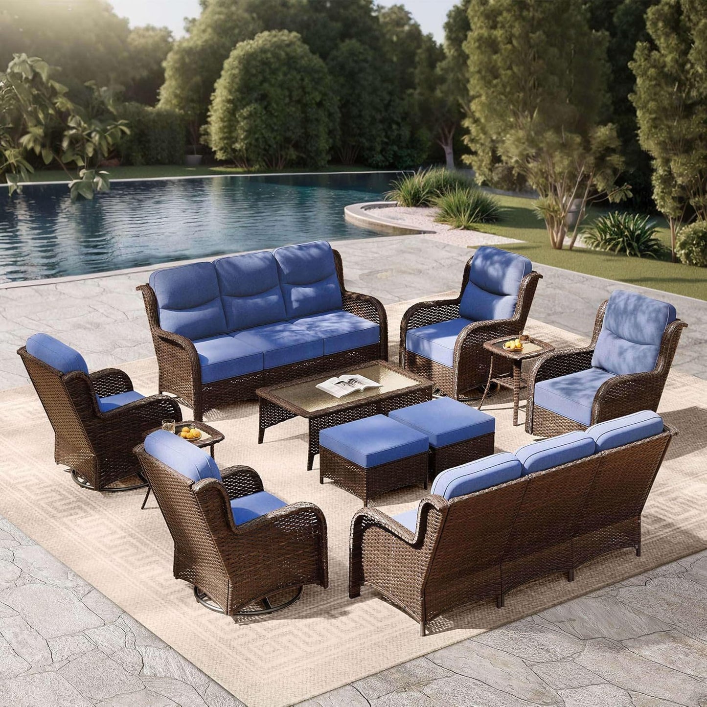 Outdoor Swivel Rocker Patio Chairs with 6-Inch Thick Cushions and Side Table, 3PCS High Back Wicker Patio Furniture Set for Porch, Balcony, Deck and Yard in Blue