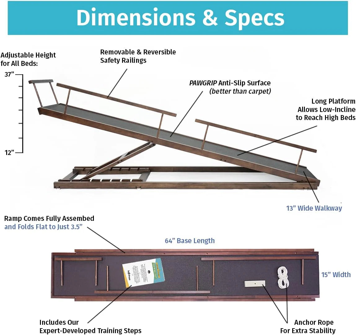Dog Ramp for Beds - Adjustable up to 37" High Beds with Low Incline, Safety Rails & Anti-Slip Grip, for Small Dogs up to 50lbs - Solid Hardwood, Made in North America
