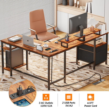 FUROLOGEE 66” L Shaped Desk with Power Outlet & Storage Shelves