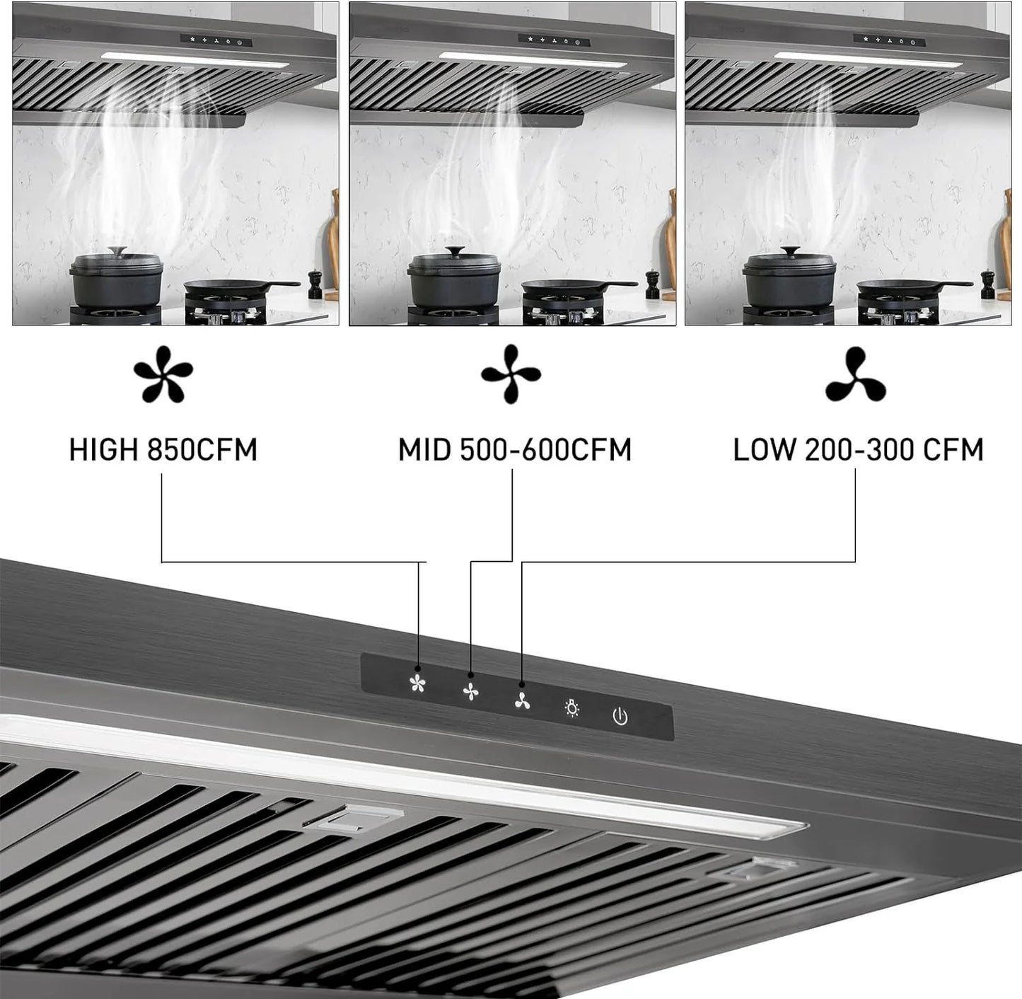 Powerful 30 Inch Under Cabinet Range Hood With Seamless Stainless Steel Body, Twin Turbo Motors, 3 Speed Touch Screen, Round Vent, Baffle Filters, LED Lights, Oil Collector