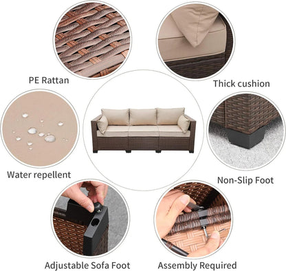 WAROOM Patio Couch PE Wicker 3-Seat Outdoor Brown Rattan Sofa Deep Seating Furniture with Non-Slip Beige Cushion