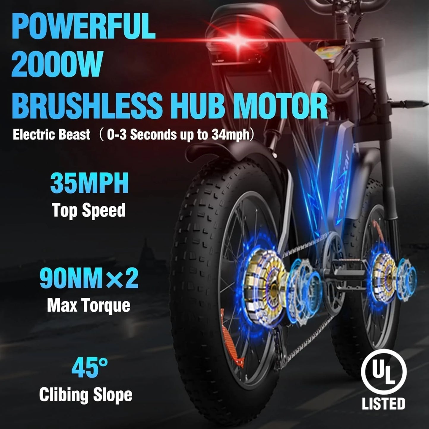 Electric Bike Q20, 2000W, 52V, 30-180 Miles All-Terrain Fat Tire E-Bike for Adults