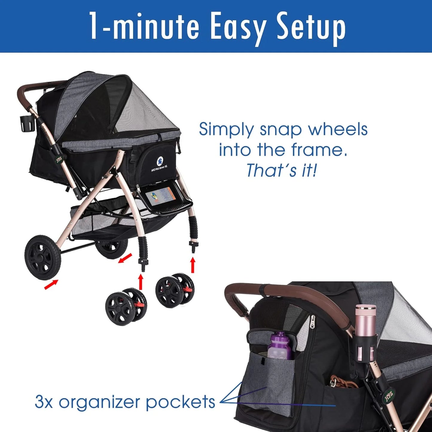 Pet Rover Premium Heavy Duty DogCat Stroller Travel Carriage CompartmentZipperless EntryPump-Free Rubber Tires Small, Medium, Large Pets (Black 2nd-Gen.), X-Large (Pack of 1)