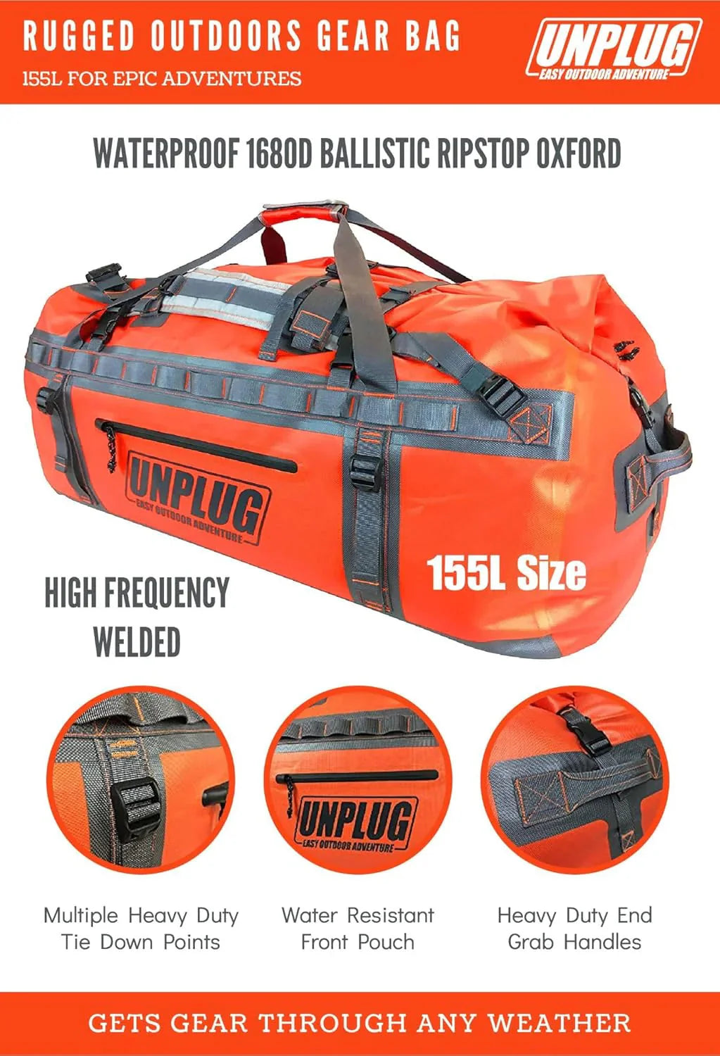 UNPLUG Ultimate Adventure Bag -1680D Heavy Duty Waterproof Travel Duffel Bags for Camping, Motorcycle Dry Bag, Waterproof Bags for Boating, Waterproof Duffle Backpack,Tactical Duffle Bag