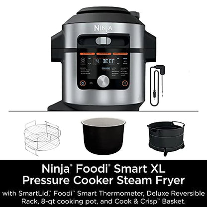 Ninja OL701 Foodi 14 in 1 SMART XL 8 Qt. Pressure Cooker Steam Fryer with SmartLid & Thermometer Auto Steam Release, that Air Fries, Proofs & More, 3 Layer Capacity, 5 Qt. Crisp Basket, Silver/Black