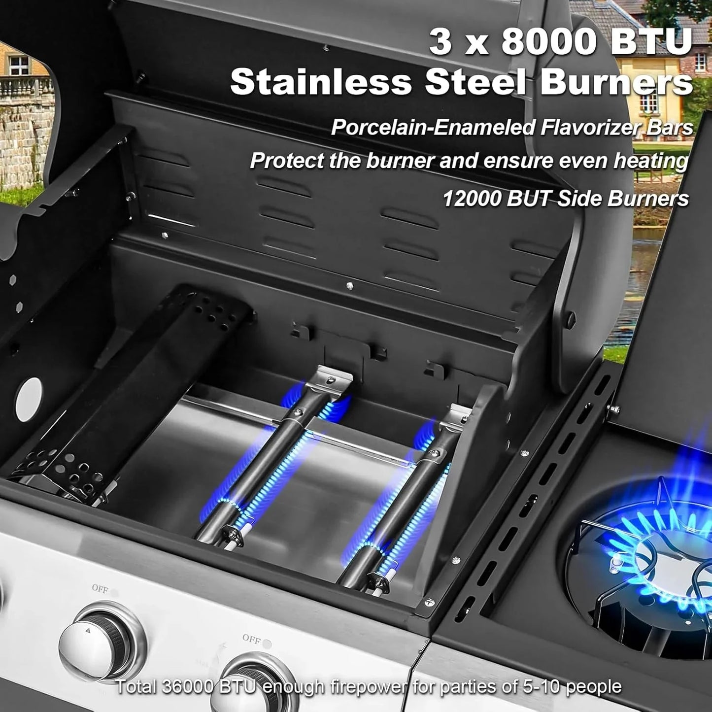 Upgraded 4 Burner BBQ Propane Gas Grill with Cast Iron Grates & Side Stove, 44,000 BTU Stainless Steel Burner Barbecue Grill for Patio, Camping, Outdoor Cooking MELLCOM