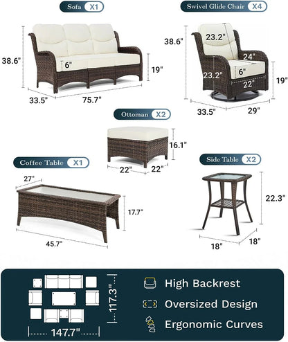 Outdoor Swivel Rocker Patio Chairs with 6-Inch Thick Cushions and Side Table, 3PCS High Back Wicker Patio Furniture Set for Porch, Balcony, Deck and Yard in Blue