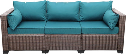 WAROOM Patio Couch PE Wicker 3-Seat Outdoor Brown Rattan Sofa Deep Seating Furniture with Non-Slip Beige Cushion